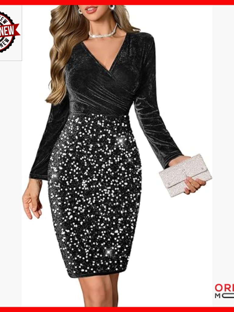 Velvet Sequin Cocktail Dress Long Sleeve Bodycon Holiday Party Evening